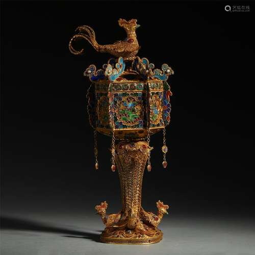 CHINESE PURE GOLD ENAMEL BIRD CENSER