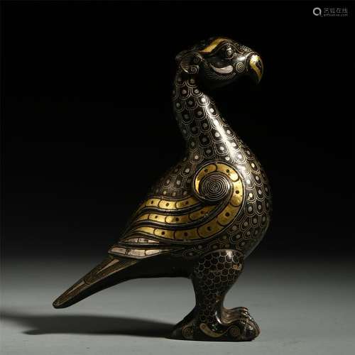 CHINESE SILVER GOLD INLAID BRONZE BIRD TABLE ITEM