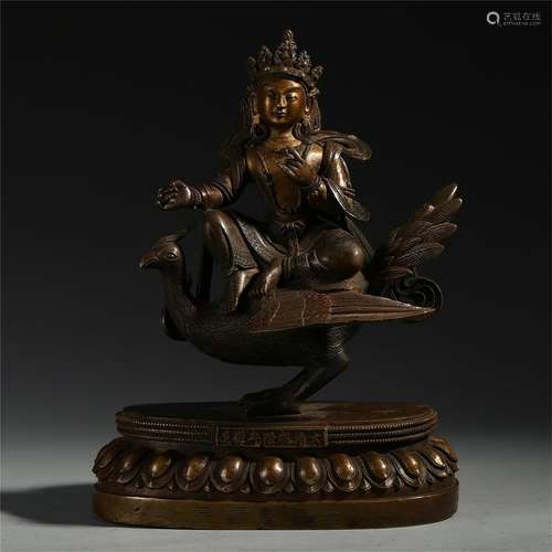 TIBETAN GITL BRONZE SEATED BUDDHIST GUARDIAN ON BIRD