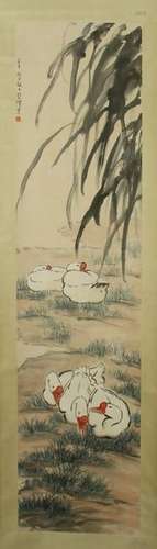 CHINESE SCROLL PAINTING OF GEESE BY RIVER