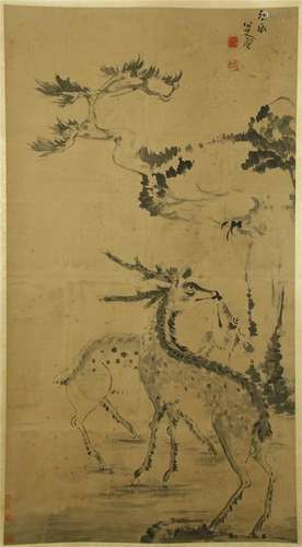 CHINESE SCROLL PAINTING OF DEER UNDER TREE