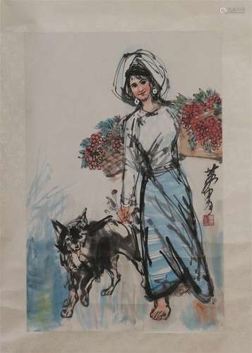 CHINESE SCROLL PAINTING OF GIRL AND DOG