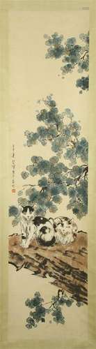 CHINESE SCROLL PAINTING OF CAT UNDER TREE