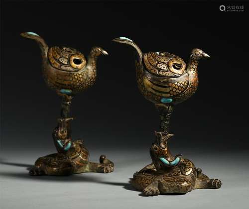 PAIR OF CHINESE SILVER GOLD TURQUOISE INLAID BRONZE