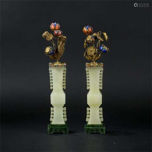 PAIR OF CHINESE GILT SILVER FLWOER IN GREY JADE VASE