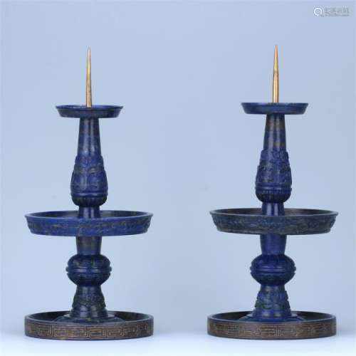 PAIR OF CHINESE LAPIS CANDLE HOLDER