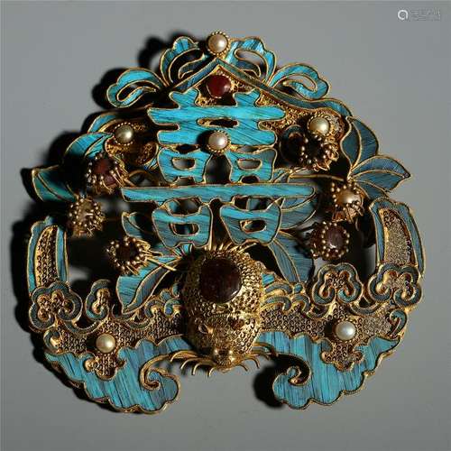 CHINESE GILT SILVER KINGFISHER FEATHER DECOR HAIR PIN