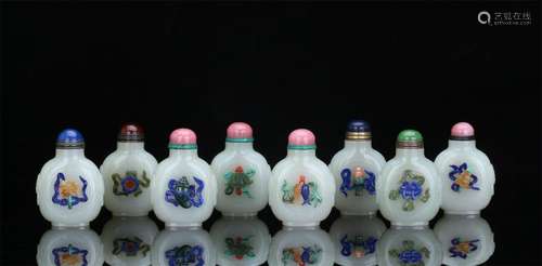 EIGHT CHINESE GEM STONE INLAID WHITE JADE SNUFF BOTTLE