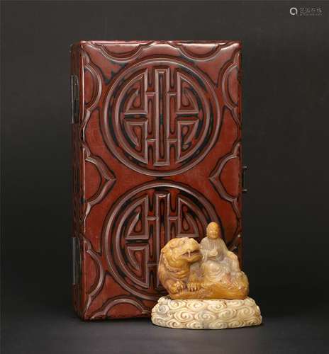 CHINESE TIANHUANG STONE LOHAN WITH TIGER TABLE ITEM