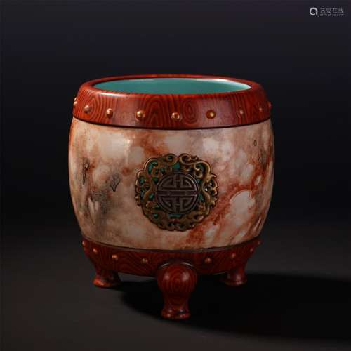 CHINESE PORCELAIN WOOD-IMMATED GLAZE TRIPLE FEET CENSER