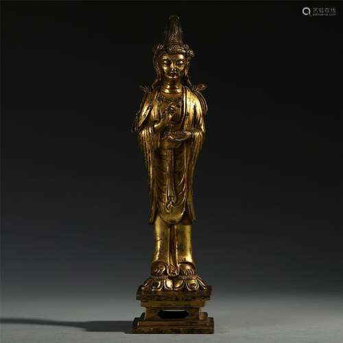 CHINESE GILT BRONZE STANDING GUANYIN