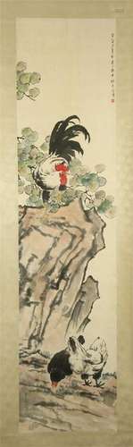 CHINESE SCROLL PAINTING OF ROOSTER ON ROCK