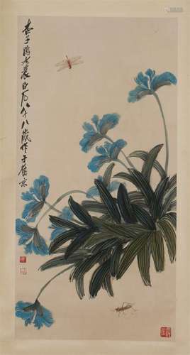 CHINESE SCROLL PAINTING OF DRAGONFLY AND FLOWER