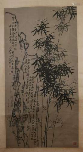 CHINESE SCROLL PAINTING OF BAMBOO AND ROCK