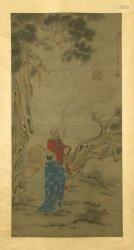 CHINESE SCROLL PAINTING OF LOHAN UNDER TREE