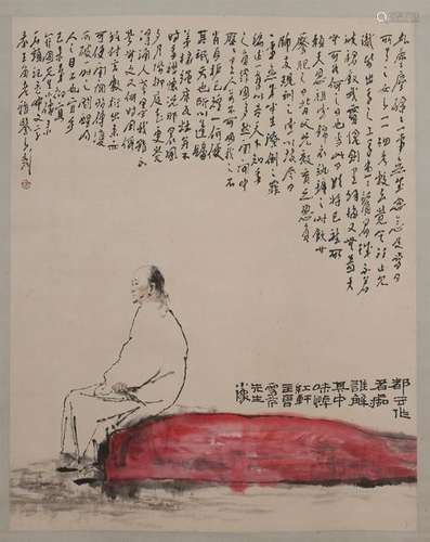 CHINESE SCROLL PAINTING OF MAN ON ROCK WITH CALLIGRAPHY