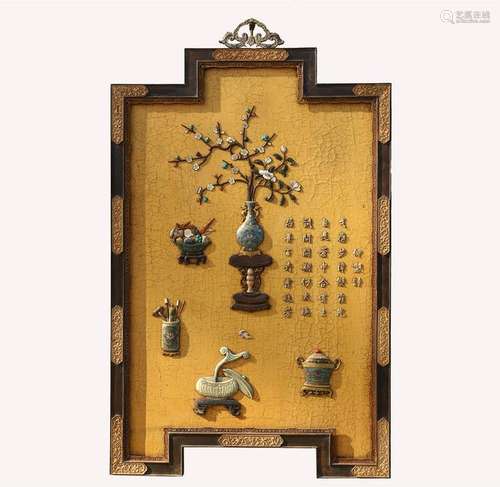 CHINESE GEM STONE INLAID LACAUER POEM CLOISONNE WALL