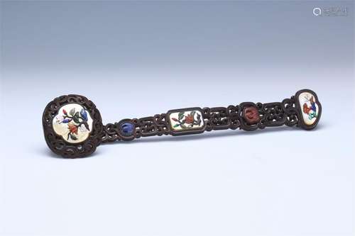 CHINESE GEM STONE INLAID HARDWOOD ZITAN RUYI SCEPTER