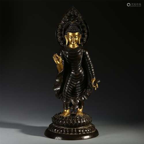 CHINESE PARTLY GILD BRONZE STANDING BUDDHA