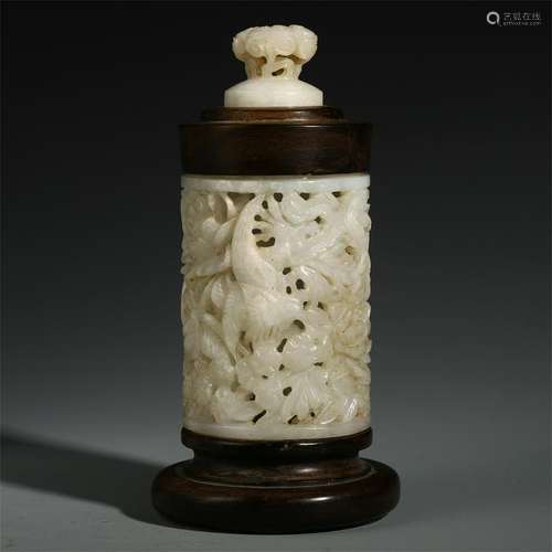 CHINESE WHITE JADE BRID AND FLOWER INCENSE CAGE