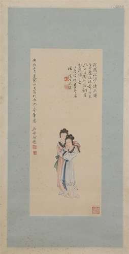 CHINESE SCROLL PAINTING OF TWO BEAUTY WITH CALLIGRAPHY