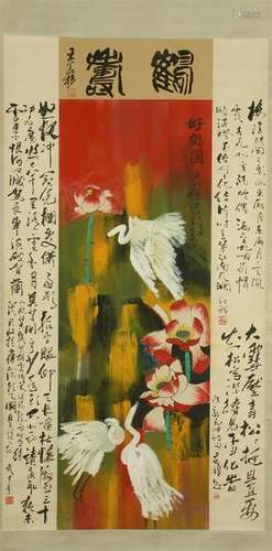 CHINESE SCROLL PAINTING OF BIRD AND LOTUS WITH