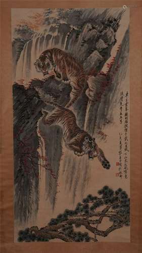 CHINESE SCROLL PAINTING OF TIGER IN MOUNTAIN