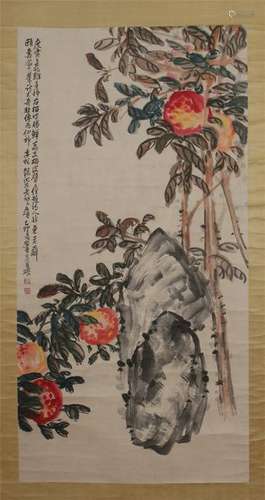 CHINESE SCROLL PAINTING OF FLOWER AND ROCK