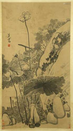 CHINESE SCROLL PAINTING OF LOTUS