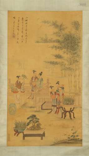 CHINESE SCROLL PAINTING OF BEAUTY IN GARDEN