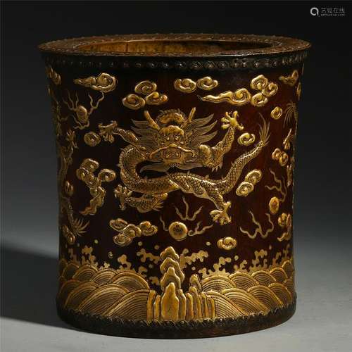 CHINESE GOLD PAINTED ROSEWOOD DRAGON BRUSH POT