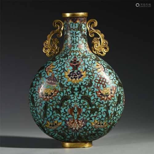 CHINESE CLOISONNE FLOWER HANDLE MOONFLASK VASE