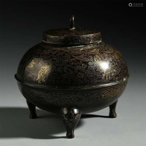 CHINESE GOLD INLAID BRONZE TRIPLE FEET LIDDED CENSER