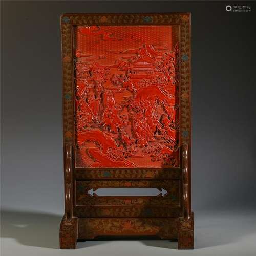 CHINESE CINNABAR PLAQUE OF MOUNTAIN VIEWS LACQUER TABLE