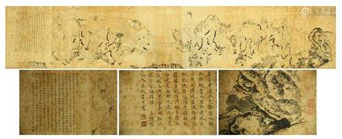 CHINESE HAND SCROLL PAINTING OF LOHAN WITH CALLIGRAPHY