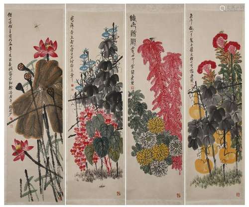 FOUR PANELS OF CHINESE SCROLL PAINTING OF FLOWER