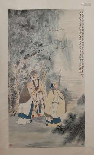 CHINESE SCROLL PAINTING OF MEN IN WOOD