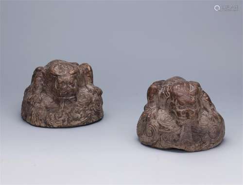 PAIR OF CHINESE STONE BEAST CARPET WEIGHT