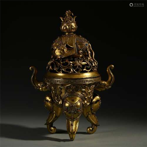 CHINESE GEM STONE INLAID GILT BRONZE ELEPHANT INCENSE