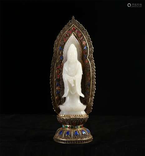 CHINESE WHTIE JADE STANDING GUANYIN ON GILT SILVER