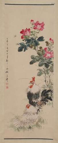 CHINESE SCROLL PAINTING OF ROOSTER AND FLOWER