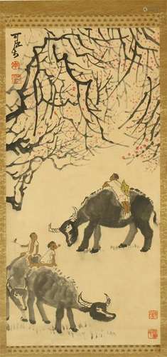 CHINESE SCROLL PAINTING OF BOY AND OX UNDER TREE