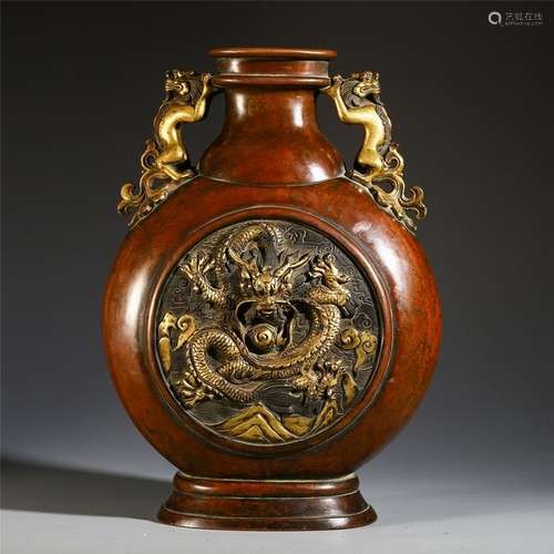 CHINESE GILT BRONZE DRAGON MOONFLASK VASE