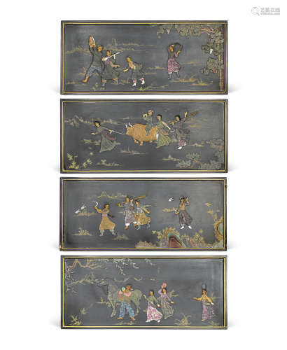 六十年代 寿山石镶嵌挂屏《欢庆》
