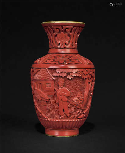 六七十年代 銅胎剔紅現代人物花瓶