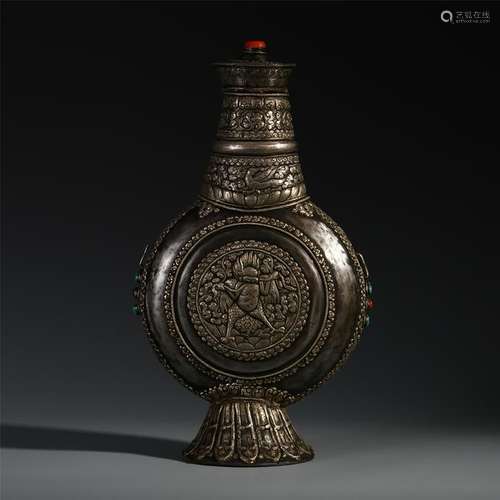 CHINESE GEM STONE INLAID SIVLER KETTLE