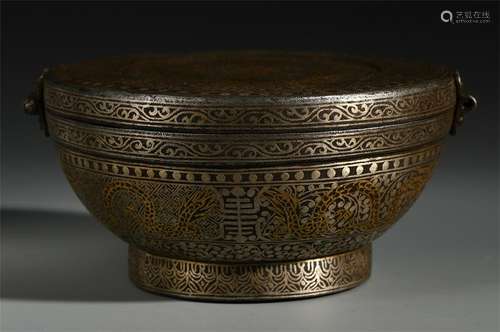 CHINESE SILVER GOLD INLAID BRONZE LIDDED BOWL