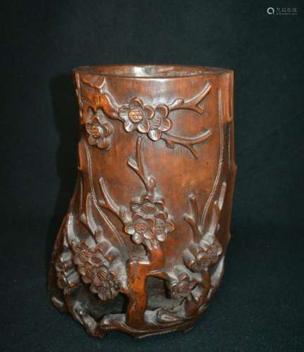 Antique bamboo root carving Plum ornament Pen holder:He
