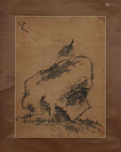 CHINESE SCROLL PAINTING OF BRID AND ROCK