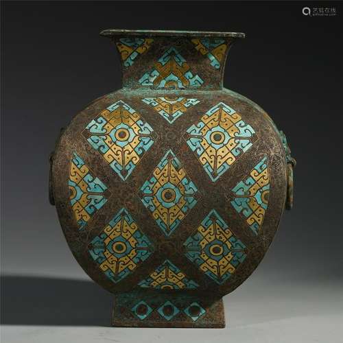 CHINESE GOLD TURQUOISE INLAID BRONZE SQUARE VASE